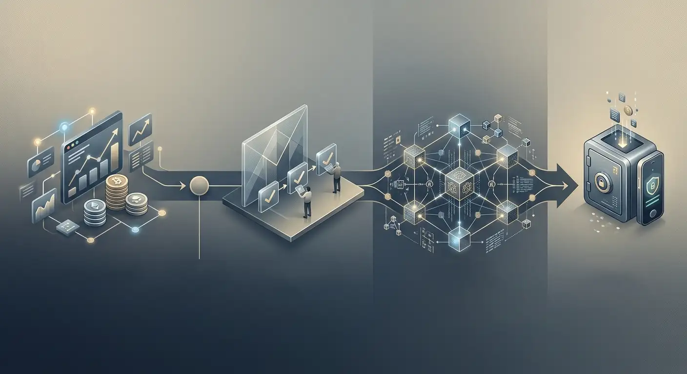 Ilustração de fluxo de saque cripto entre saldo, revisão e blockchain