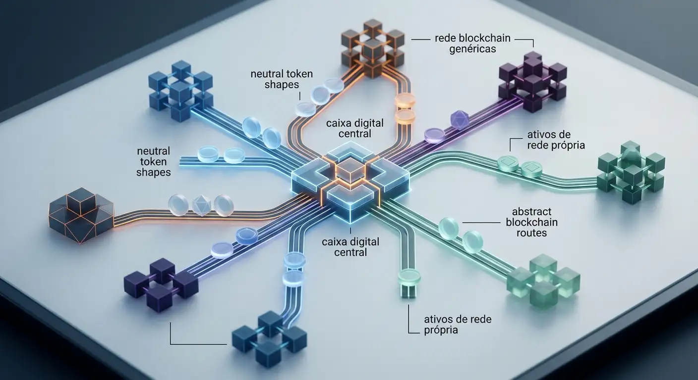 Ilustração de vários criptoativos conectados a diferentes redes blockchain e a um único caixa digital