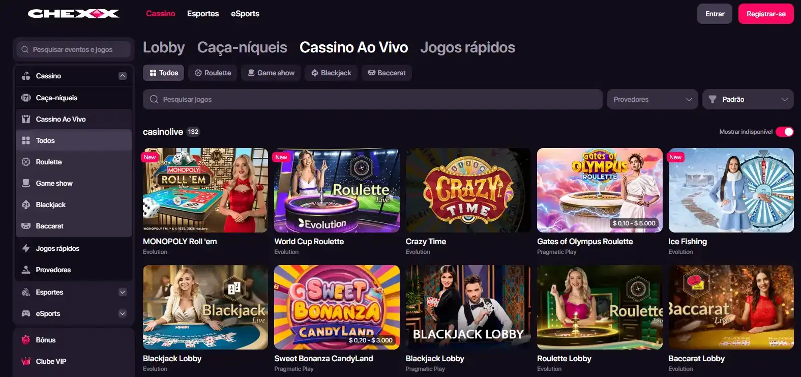 Live Casino do CHEXX com filtros de mesas ao vivo
