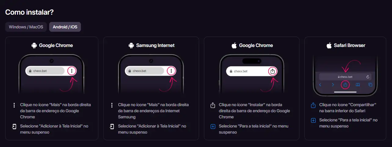 Página oficial do CHEXX com instruções de instalação da PWA