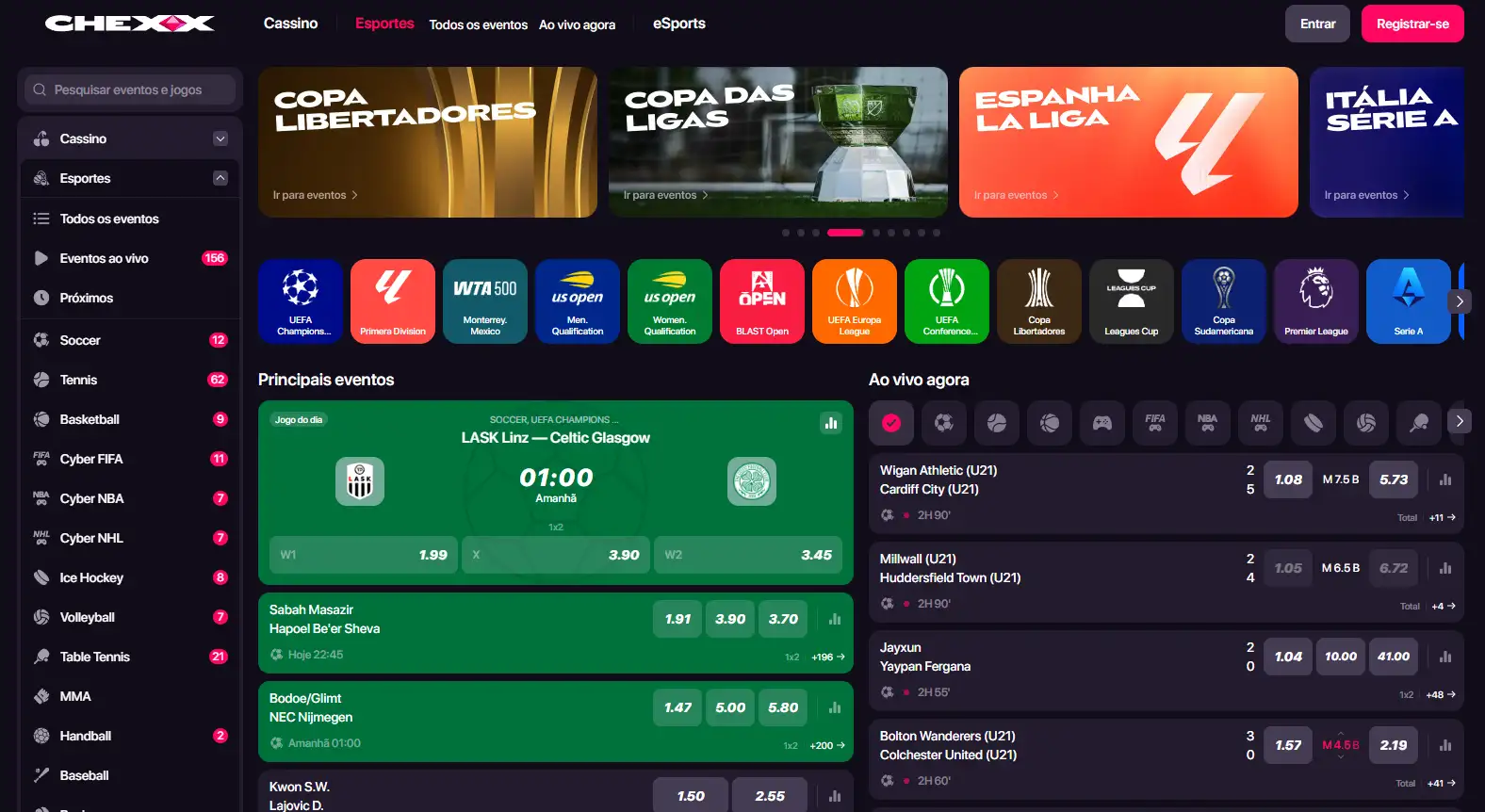 Sportsbook CHEXX com eventos esportivos e odds