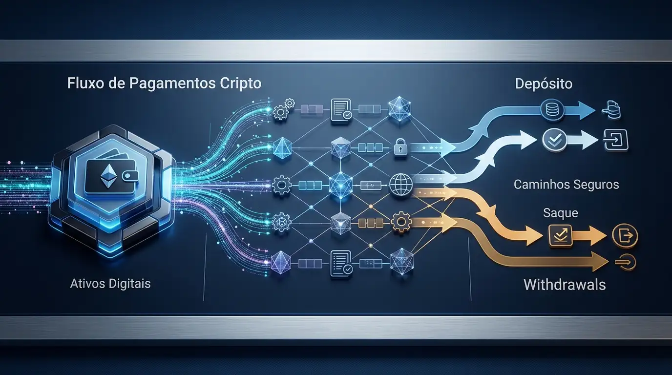 Ilustração de fluxo de pagamentos com carteira cripto, redes blockchain, depósito e saque