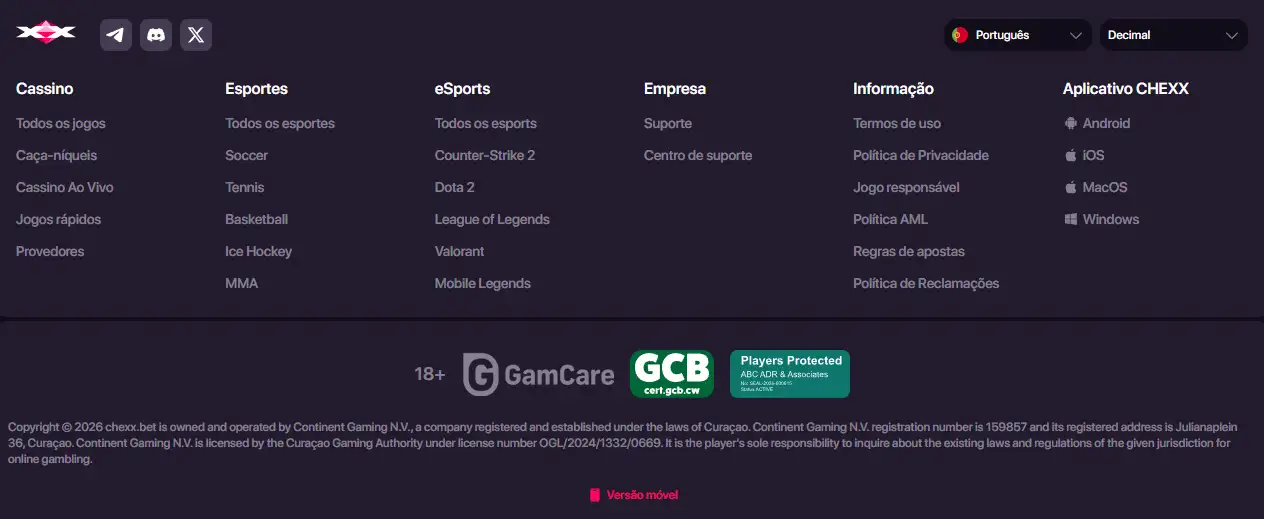 Rodapé oficial do CHEXX com operador e licença de Curaçao